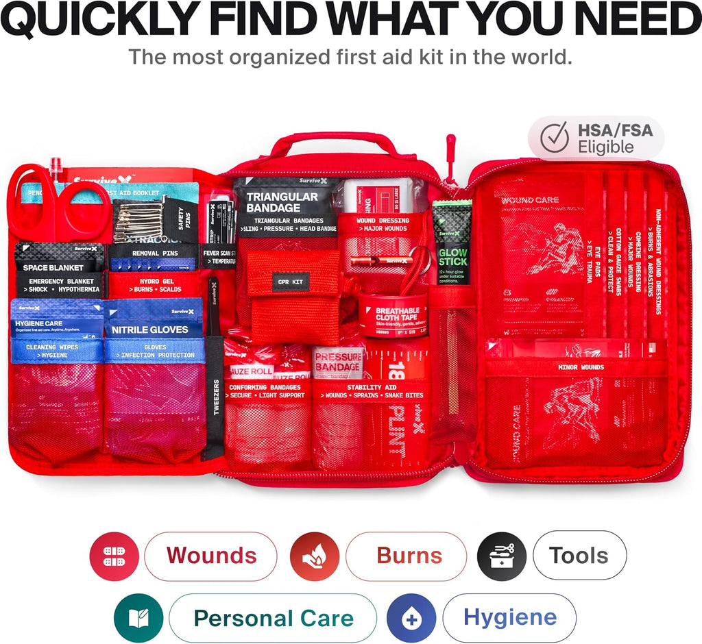 SurviveX Large First Aid Kit, Labeled Pockets, Zip Stitch Wound Closures | Close wounds without stitches, quickly find what you need, first aid emergency kit for car, home, travel, camping, outdoors