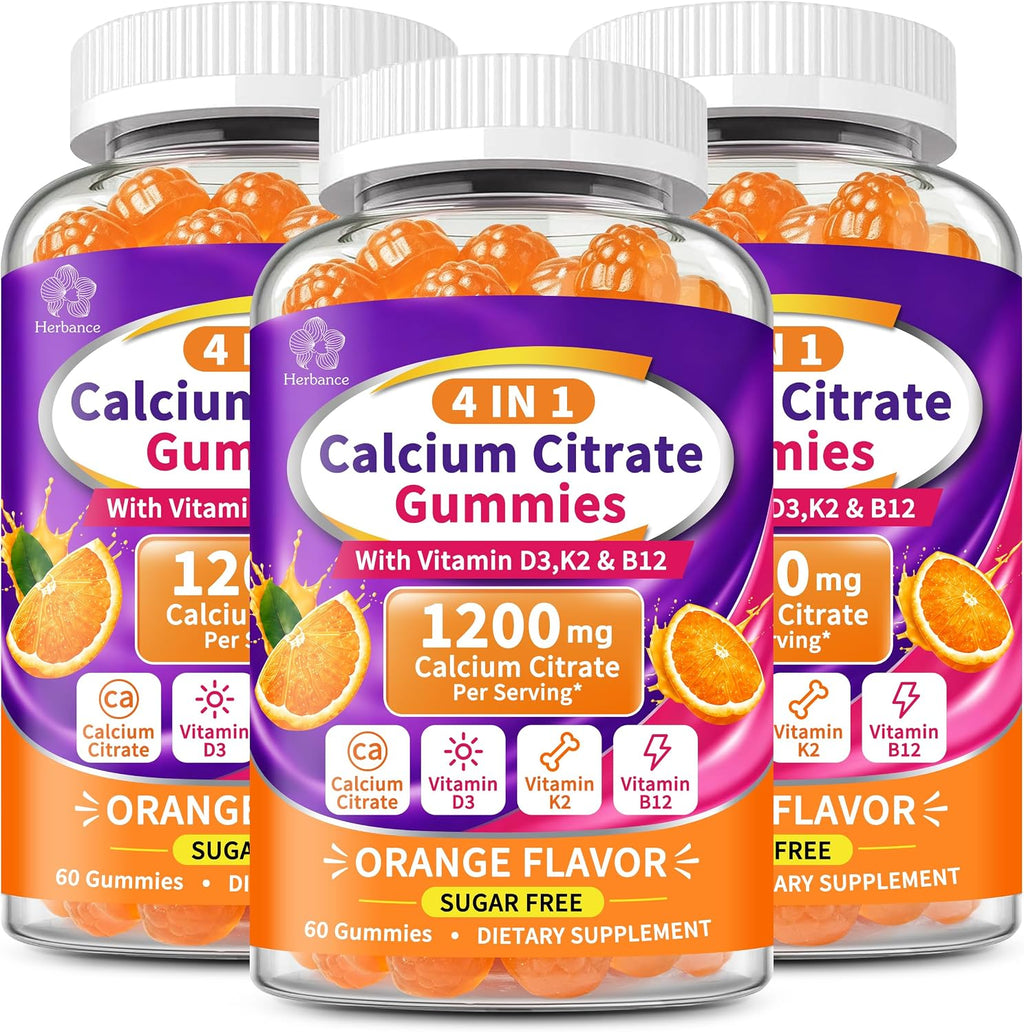 3 Packs Calcium Citrate Gummies 1200mg with Vitamin D3 K2 B12, 4-in-1 High Absorption Calcium Supplement for Women Men, Bone Teeth Muscle Support, Calcium Gummies for Adults,Sugar Free,Orange Flavor