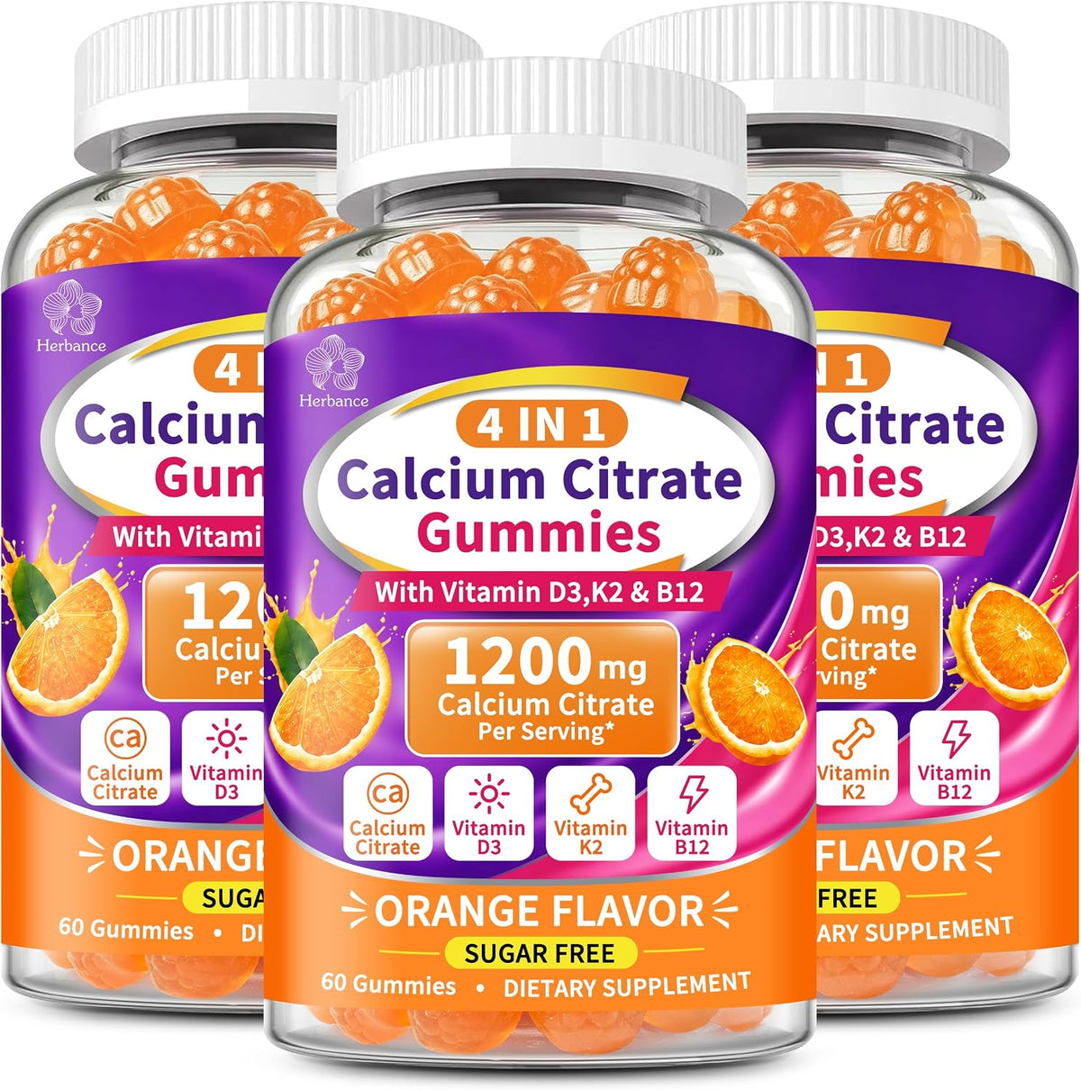 3 Packs Calcium Citrate Gummies 1200mg with Vitamin D3 K2 B12, 4-in-1 High Absorption Calcium Supplement for Women Men, Bone Teeth Muscle Support, Calcium Gummies for Adults,Sugar Free,Orange Flavor