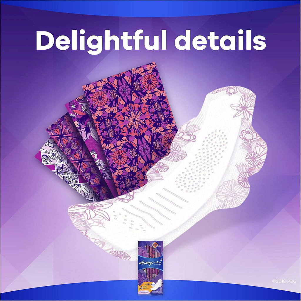 ALWAYS Radiant, Size 4, Overnight Sanitary Pads With Wings, Scented, 20 Count