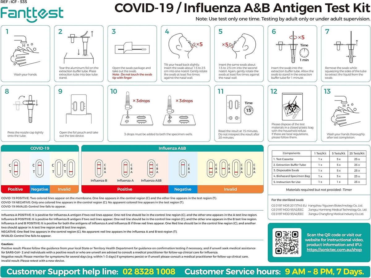Fanttest 3-in-1 Combo RAT Test, Influenza Flu A/B and COVID-19 Rapid Antigen Test Kit - Nasal Swab