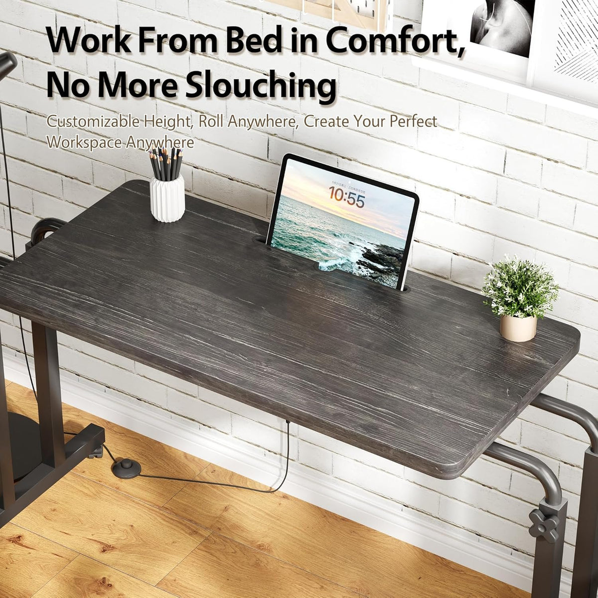 Overbed Table with Wheels, Height Adjustable Hospital Bed Table with Tablet Slot and Edge Stopper, Rolling Over Bed Desk for Recliner, Sofa, Single Bed, Laptop and Meals, Black