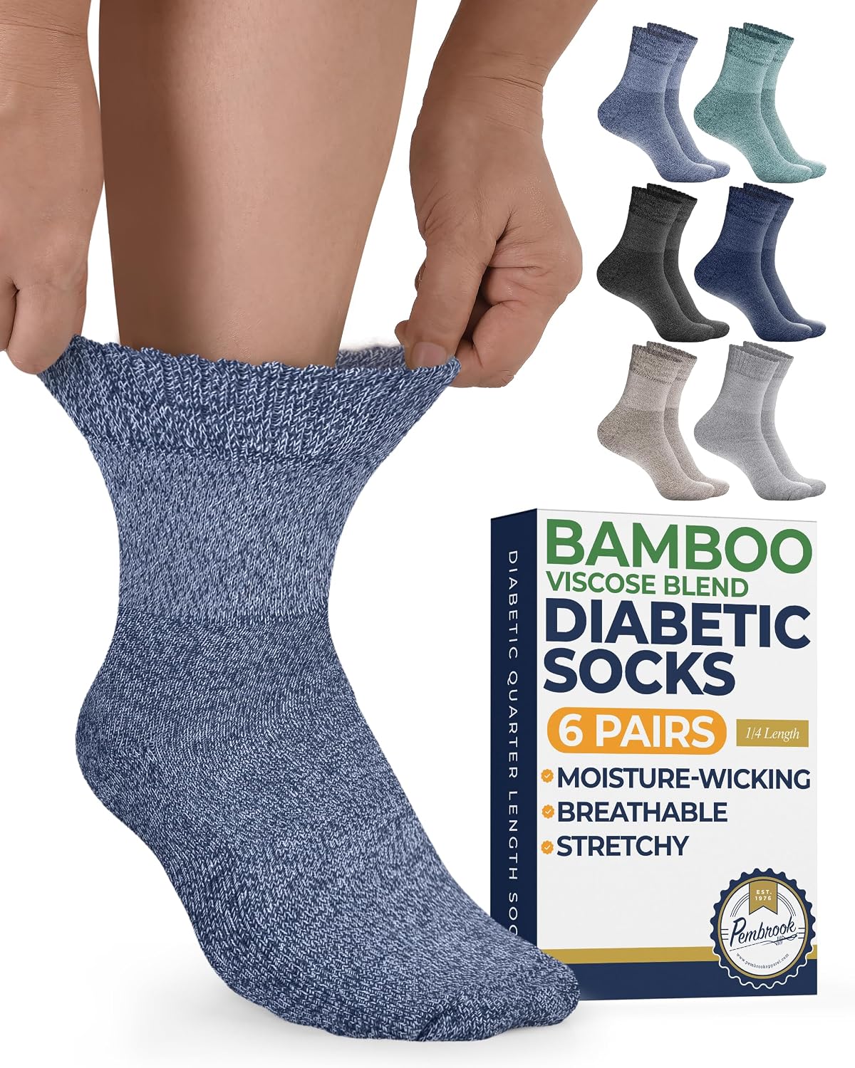 Pembrook® Bamboo Viscose Diabetic Socks for Women & Men - 6 Pairs Ankle Socks for Swollen Feet | Neuropathy Socks