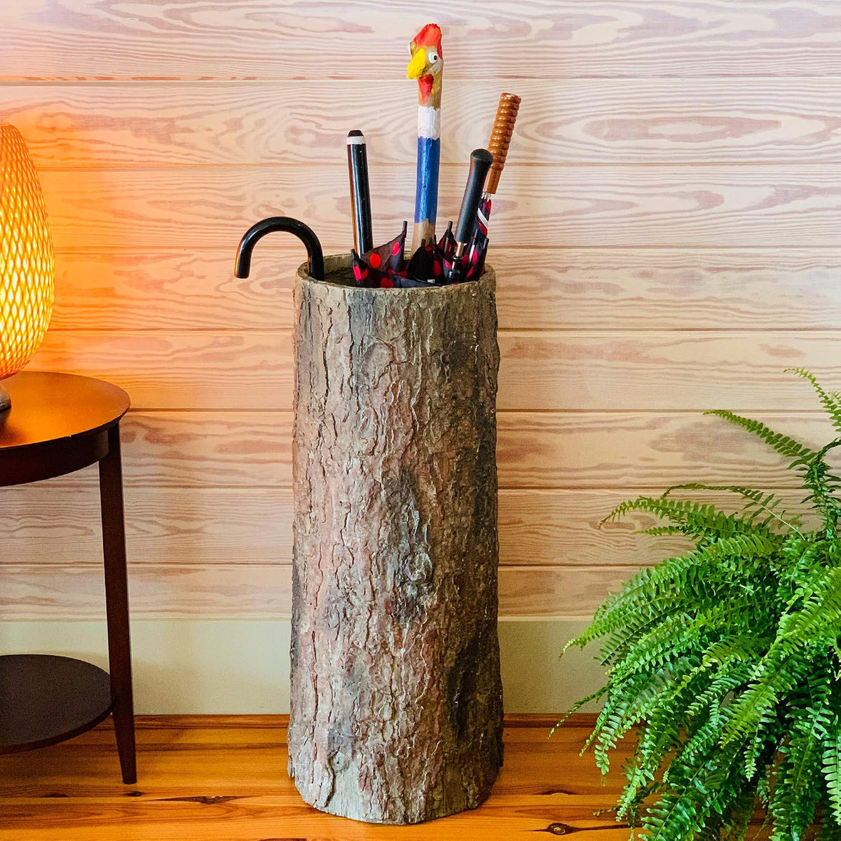 Country Stump ?? Vintage Farmhouse Umbrella Stand. Unique Indoor / Outdoor Walking Stick & Umbrella Holder. Rustic Home Entryway Log Bin.