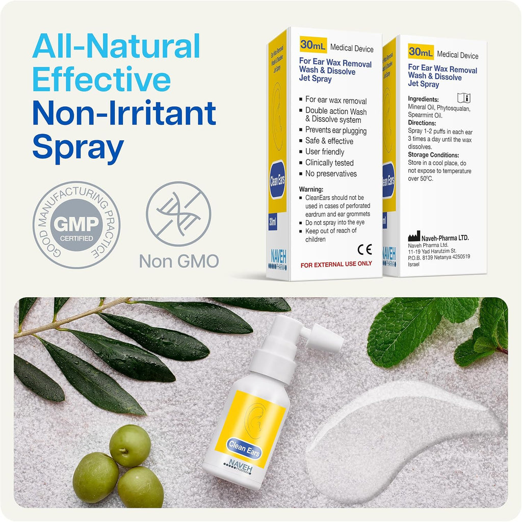 NAVEH PHARMA® CleanEars Ear Wax Removal Spray — Gentle Earwax Softening Spray for Adults, Easy-to-Use Alternative to Mineral Oil, Refreshing Spearmint Aroma, 1 fl oz