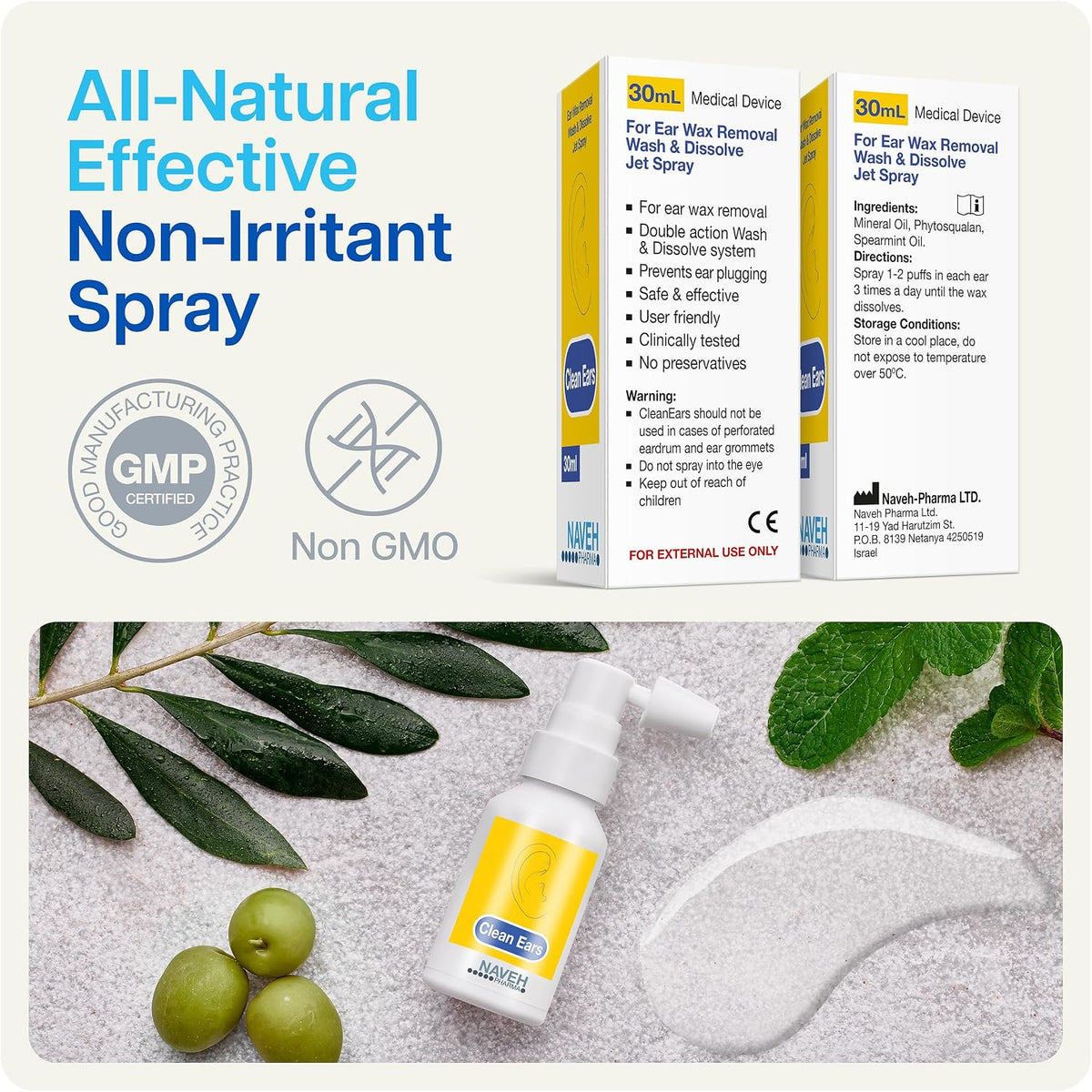 NAVEH PHARMA® CleanEars Ear Wax Removal Spray — Gentle Earwax Softening Spray for Adults, Easy-to-Use Alternative to Mineral Oil, Refreshing Spearmint Aroma, 1 fl oz
