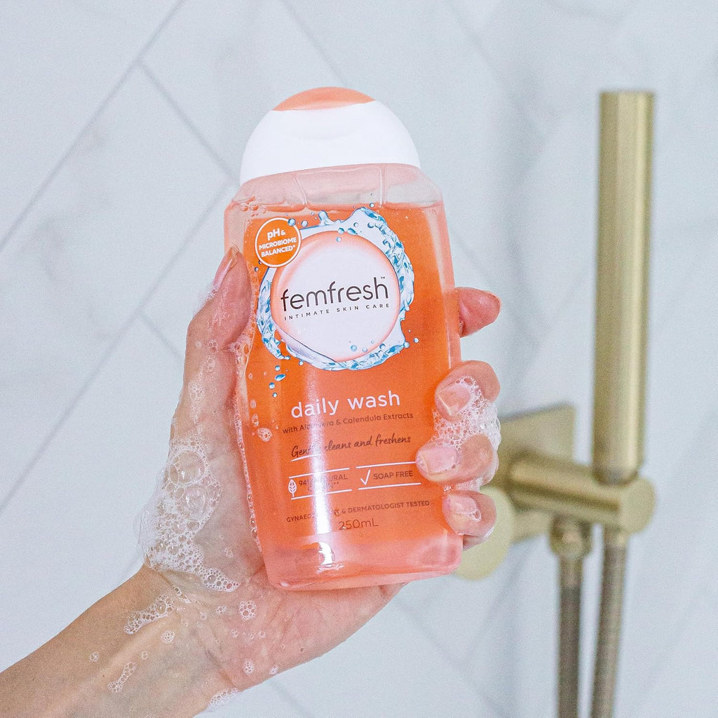 Femfresh Daily Intimate Wash - 250ml, pH & Microbiome Balanced, With Aloe Vera & Calendula Extracts, 94% Natural Origin Ingredients, Hypoallergenic & Soap-Free, Gentle Feminine Body Wash for Freshness