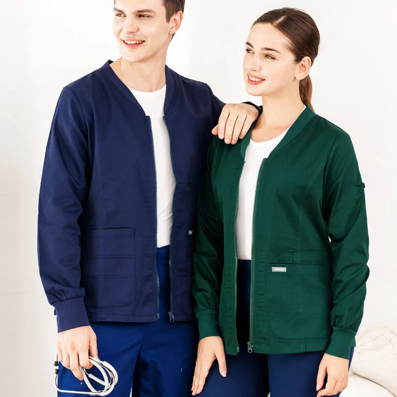 Zip-Front Warm-Up Scrub Jacket — Knitted Long Sleeve