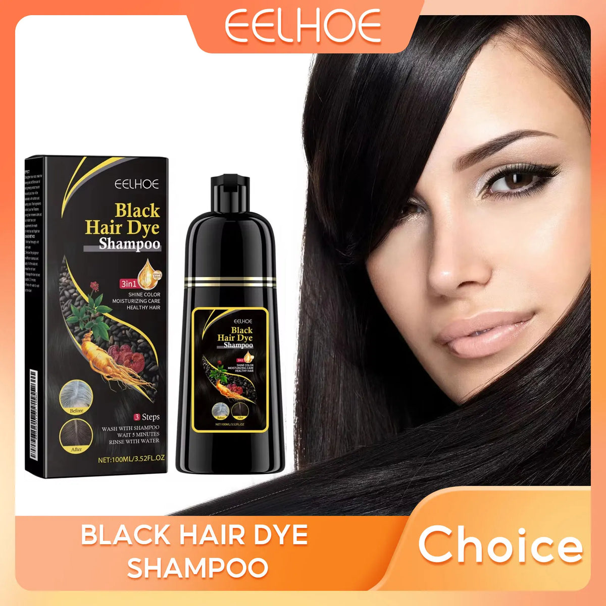 EELHOE 3‑in‑1 Black Hair Dye Shampoo — Darkening & Nourishing
