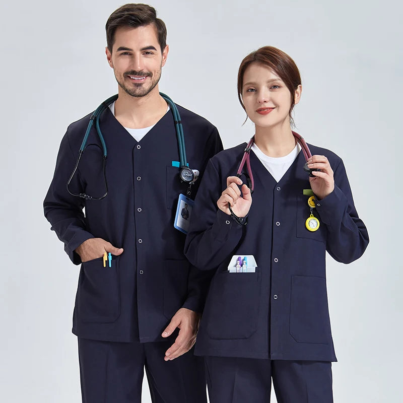 Cotton-Blend Snap-Front Warm-Up Scrub Jacket (Navy, Dark Blue)