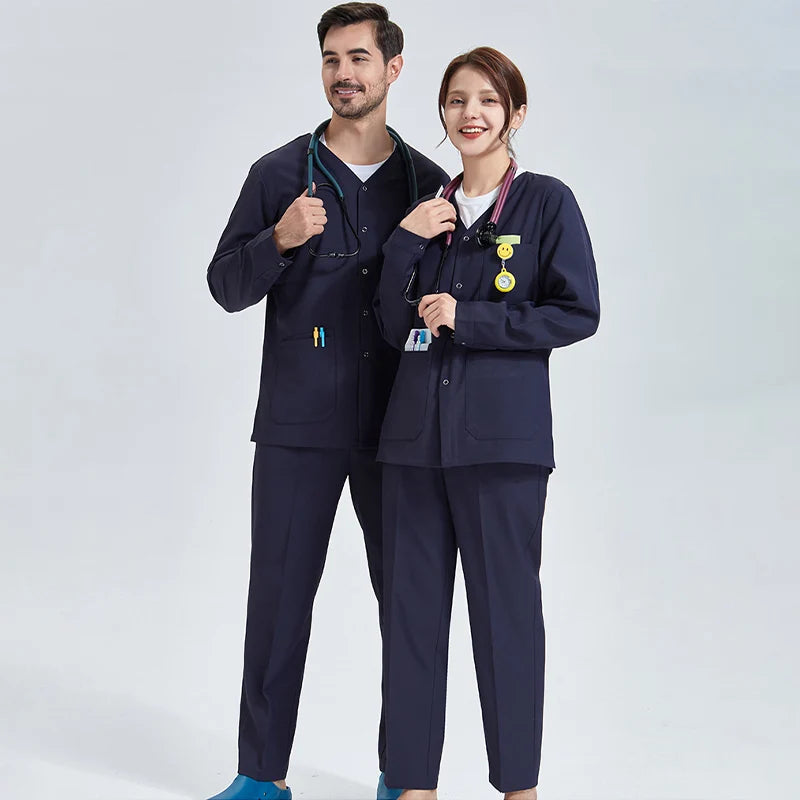 Cotton-Blend Snap-Front Warm-Up Scrub Jacket (Navy, Dark Blue)