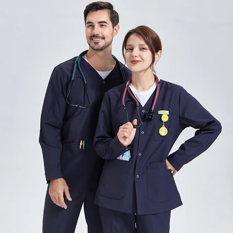 Cotton-Blend Snap-Front Warm-Up Scrub Jacket (Navy, Dark Blue)