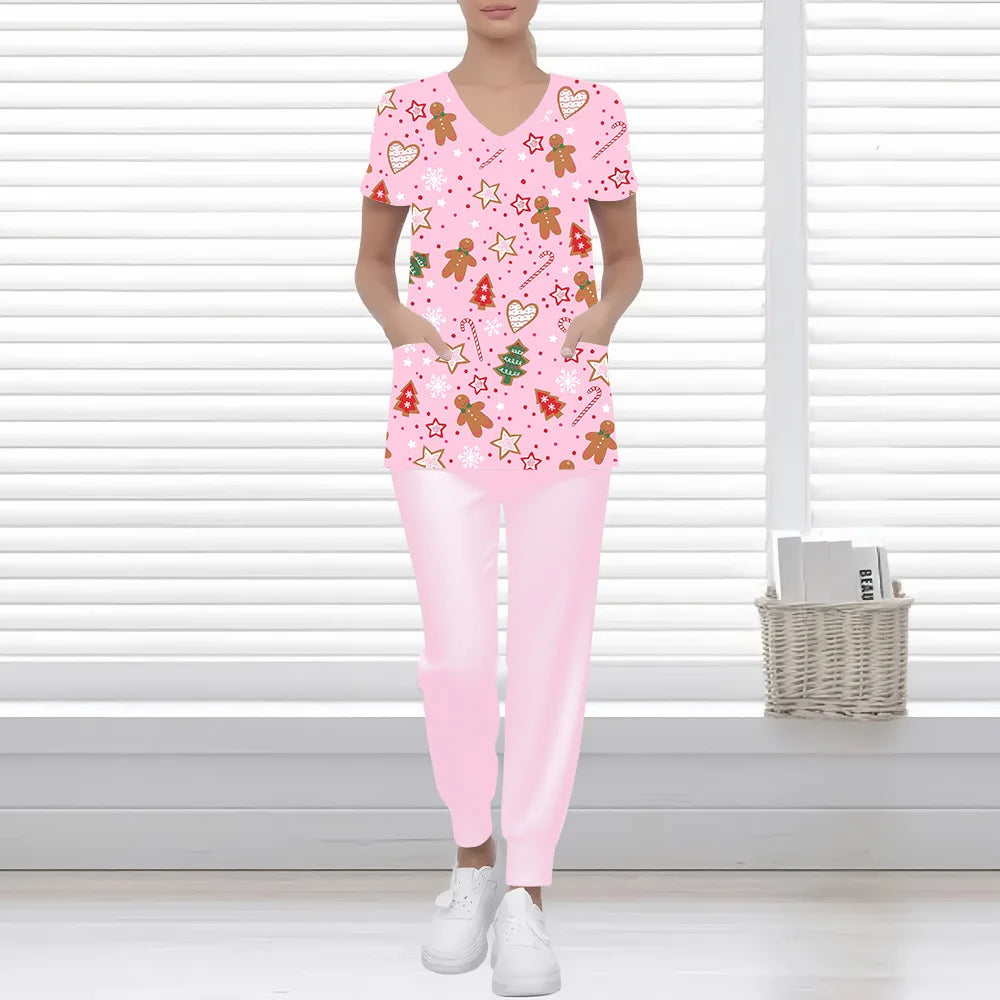 Women's Snowman Print Short-Sleeve Medical Scrub Top