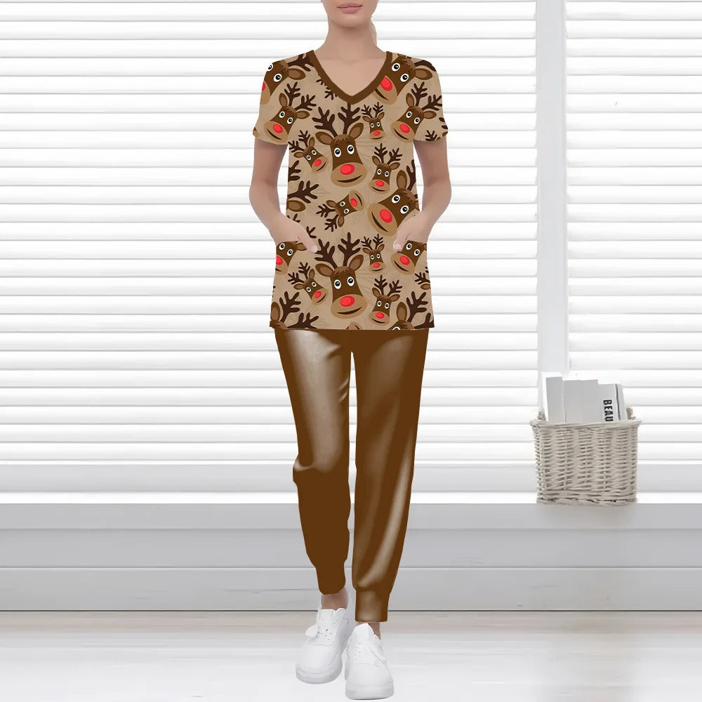 Women's Snowman Print Short-Sleeve Medical Scrub Top