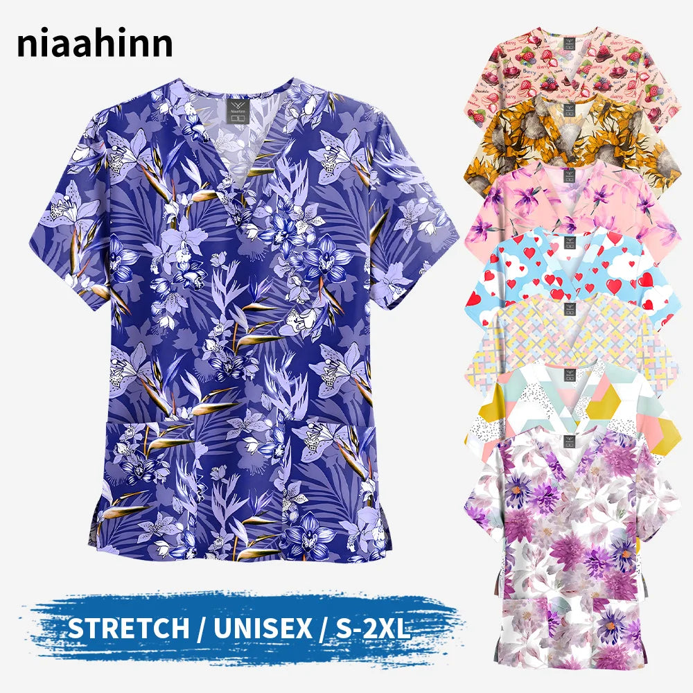 V-Neck Floral Anime Cotton-Twill Scrub Top — S–XXL