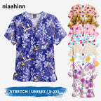 V-Neck Floral Anime Cotton-Twill Scrub Top — S–XXL