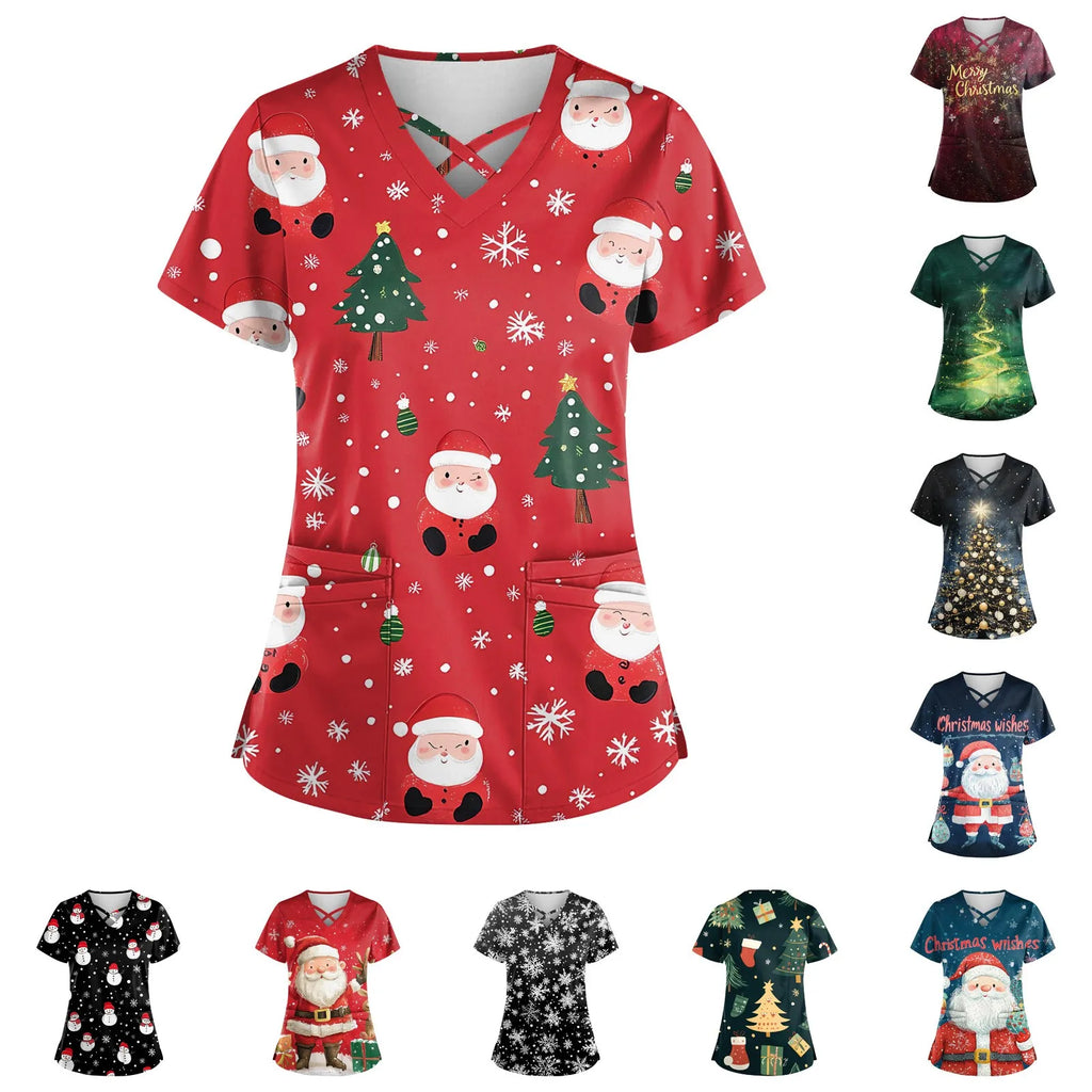 Women's Christmas-Print Scrub Top — Nurse Surgical