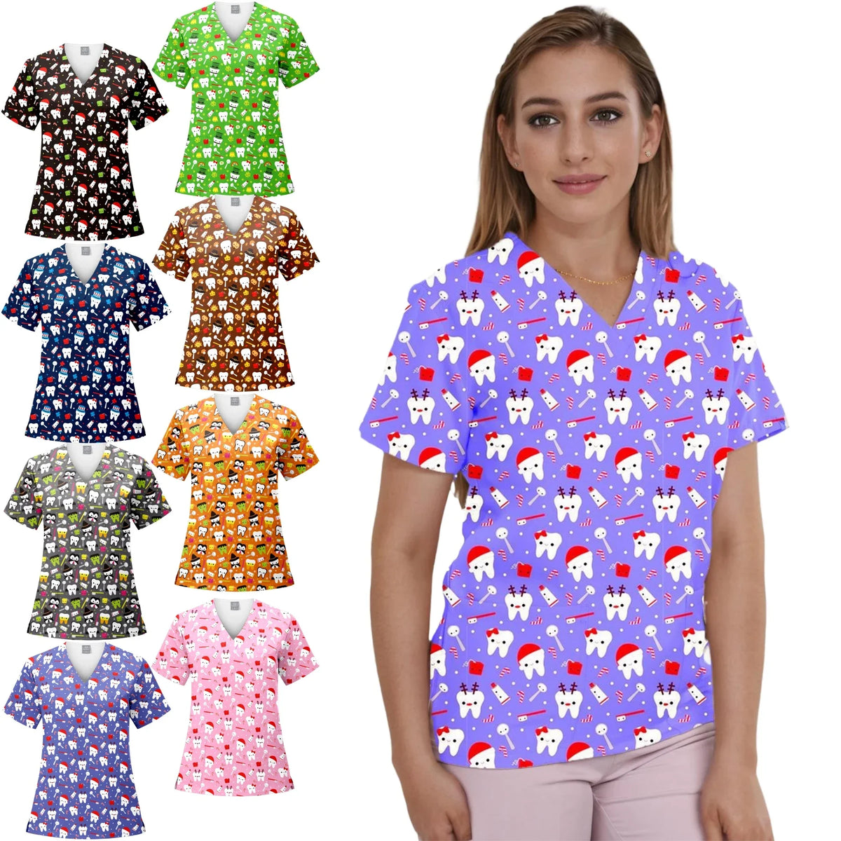 Women's V‑Neck Short‑Sleeve Scrub Top — Christmas Tree Print