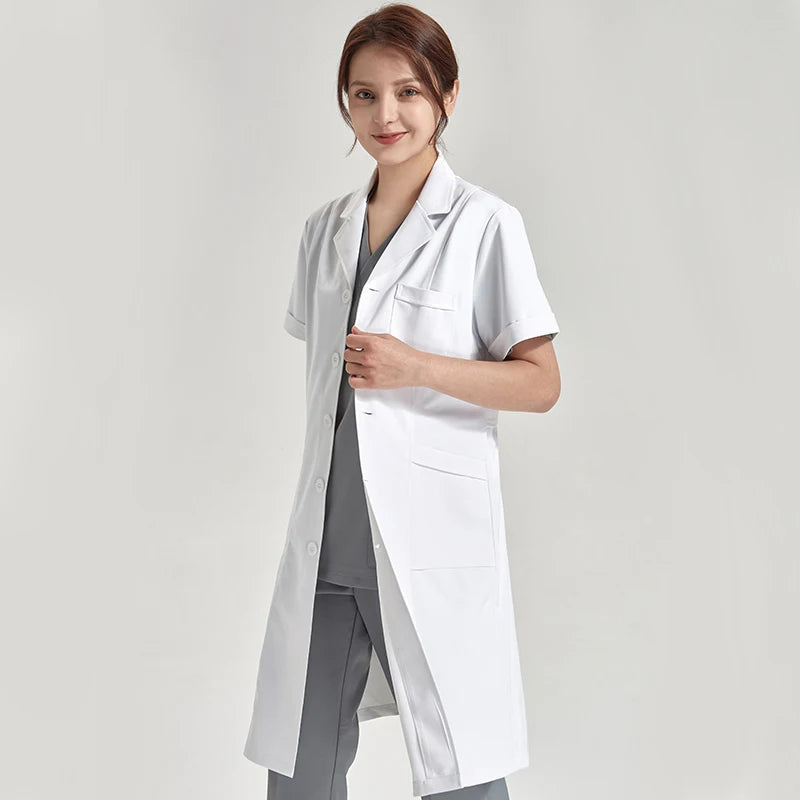Women's Notched-Collar White Lab Coat — Professional Fit