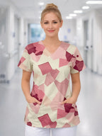 Women’s V‑Neck Short‑Sleeve Printed Scrub Tunic — Comfort Fit