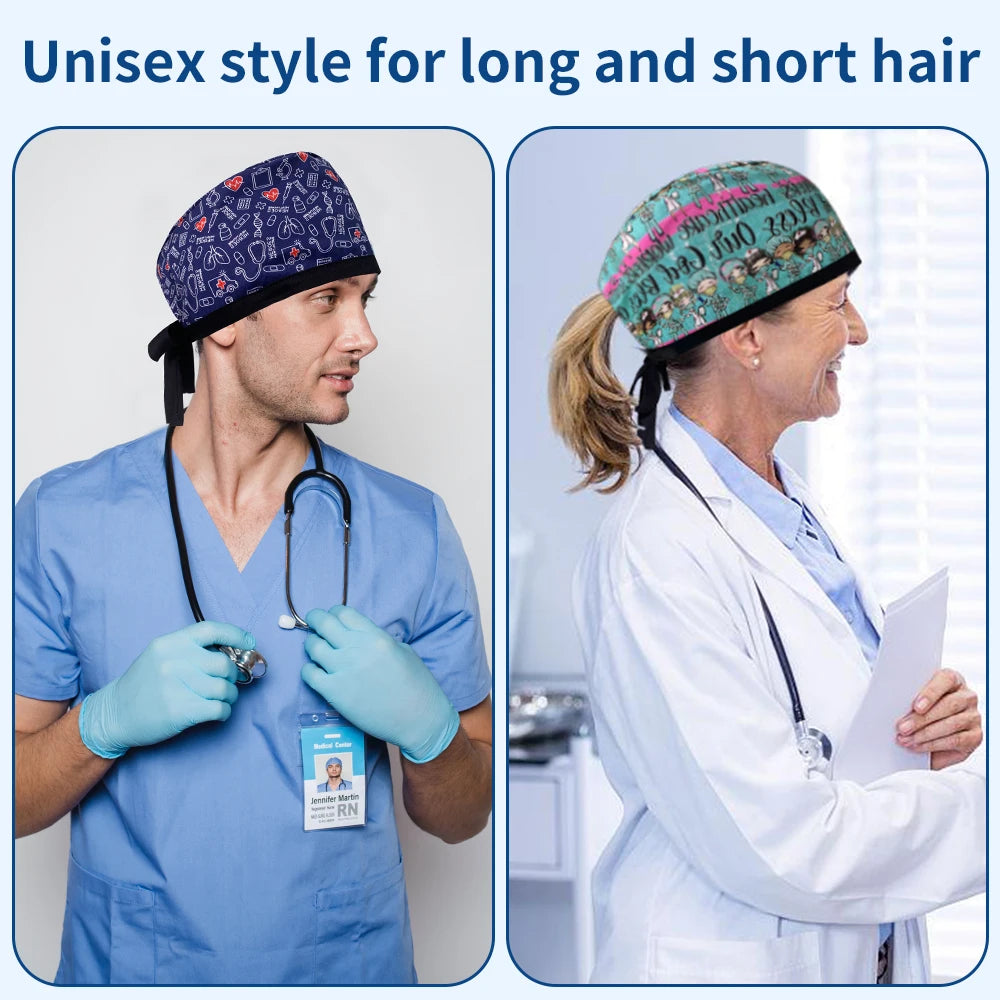 Cute Cartoon Printed Scrub Cap — Breathable Women's Work Hat