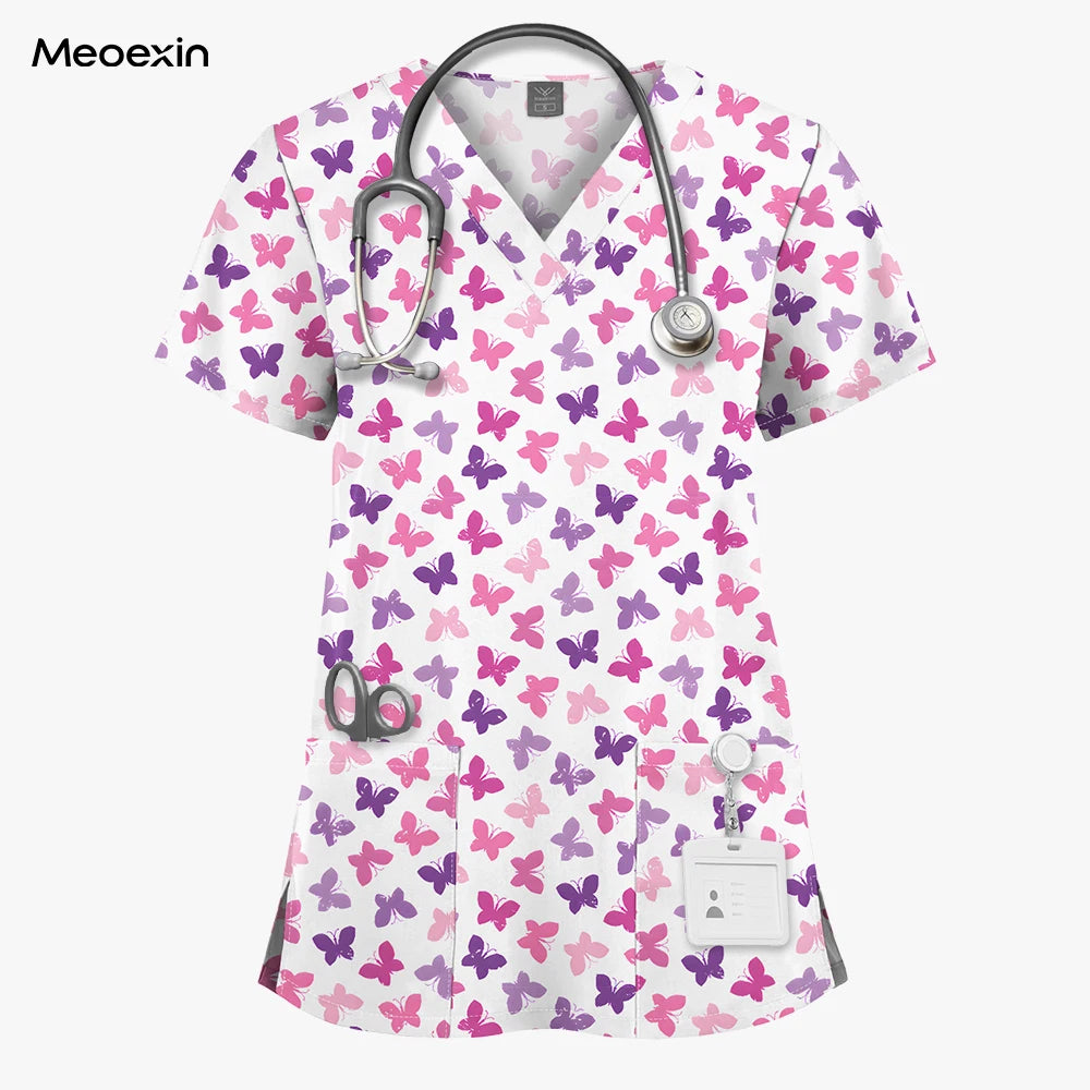 Butterfly Print Lightweight Scrub Top — Breathable Fit