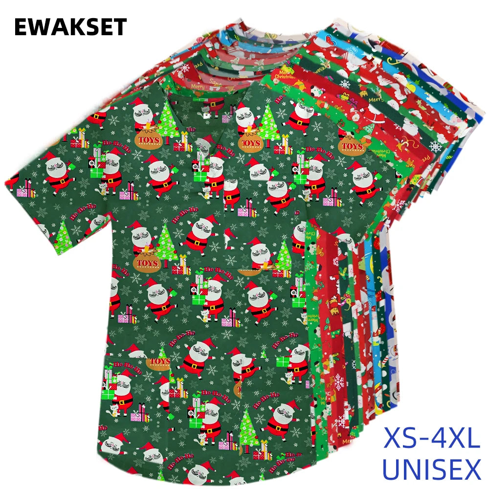 Women's Santa-Print Short-Sleeve Scrub Top — Cotton Broadcloth