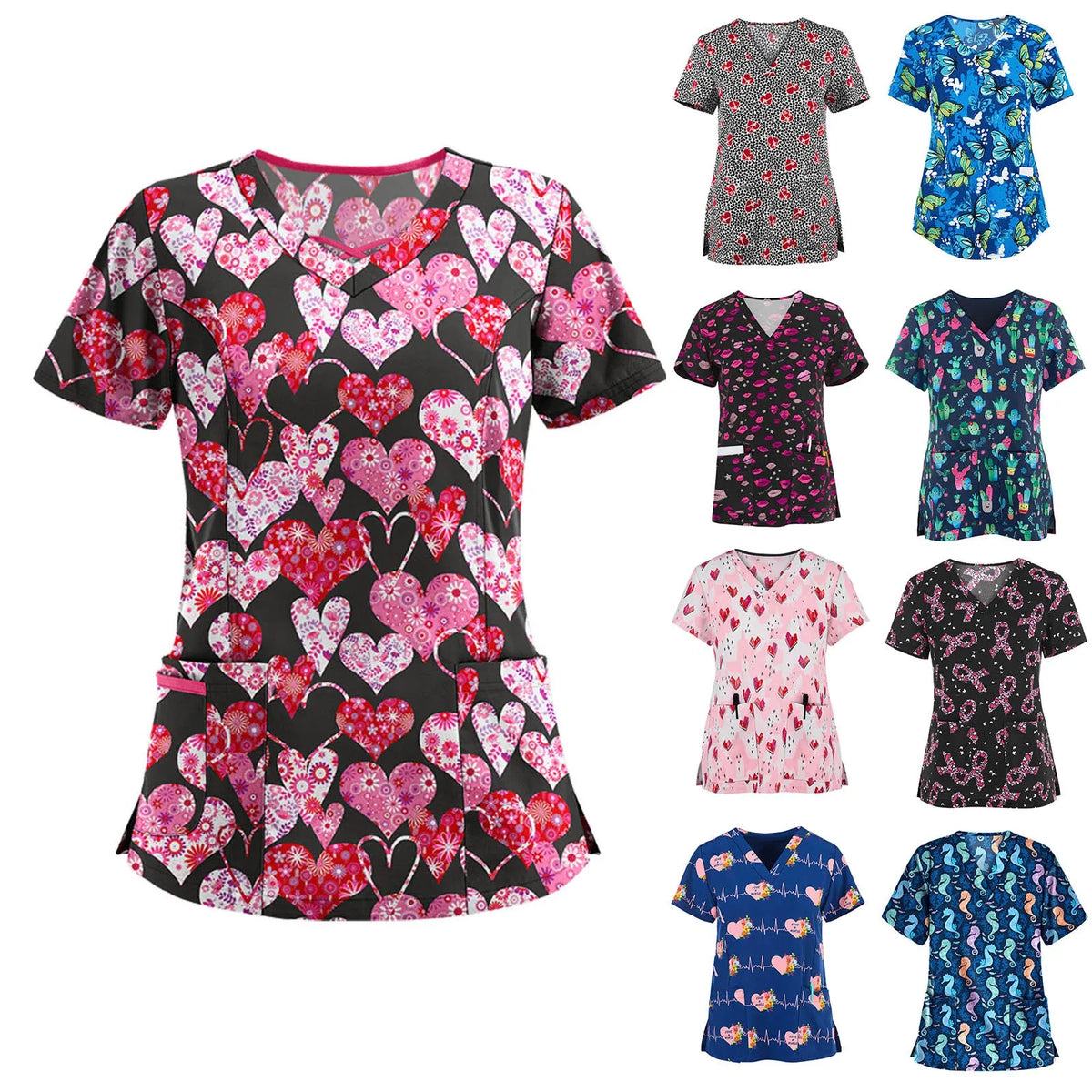Women's V‑Neck Butterfly Print Scrub Top