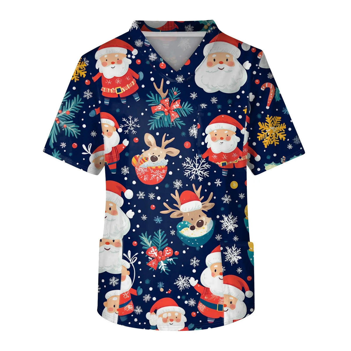 Unisex Christmas-Print Scrub Top — Santa Motif
