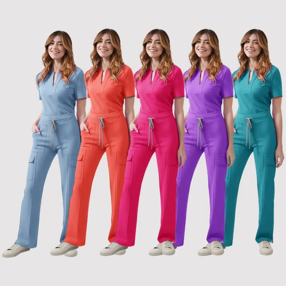 Women's V‑Neck Scrub Set — Cargo Pants with Drawstring