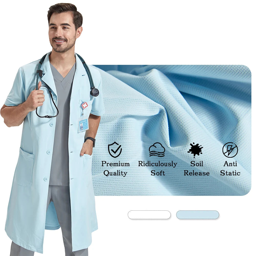Men’s White Lapel-Neck Lab Coat — Durable Material