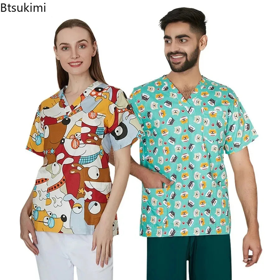 Women's Printed V‑Neck Short‑Sleeve Scrub Top