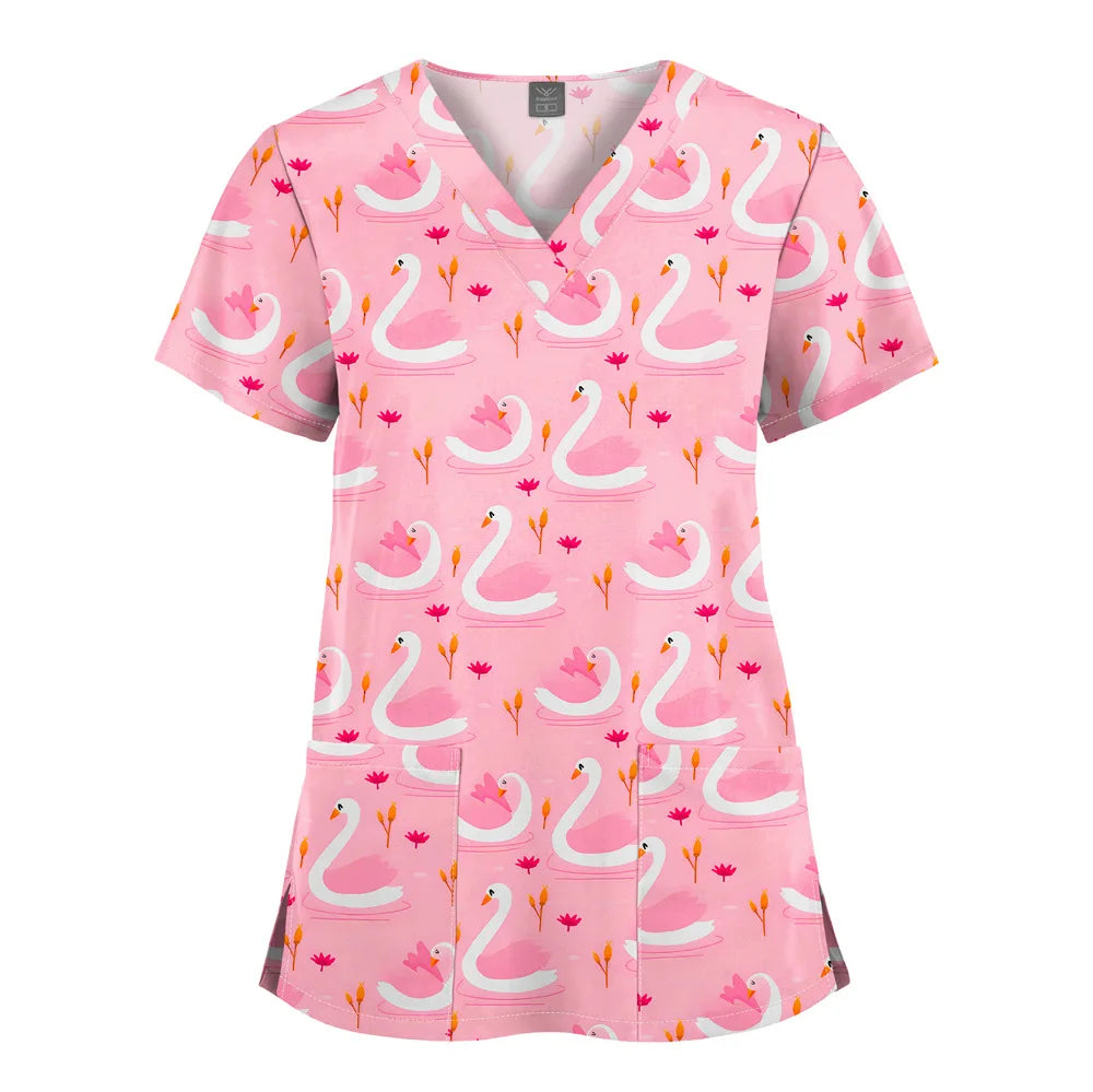 Women's V-Neck Butterfly Print Scrub Top, 3-Pocket
