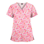 Women's V-Neck Butterfly Print Scrub Top, 3-Pocket