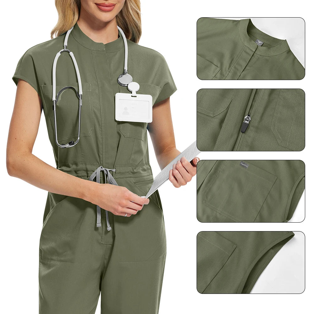Mandarin‑Collar Medical Scrub Jumpsuit — One‑Piece Workwear