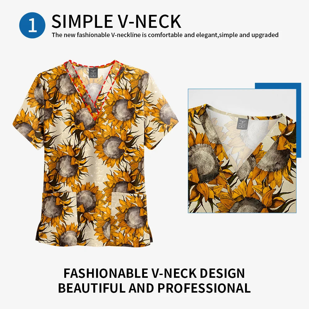 V-Neck Floral Anime Cotton-Twill Scrub Top — S–XXL