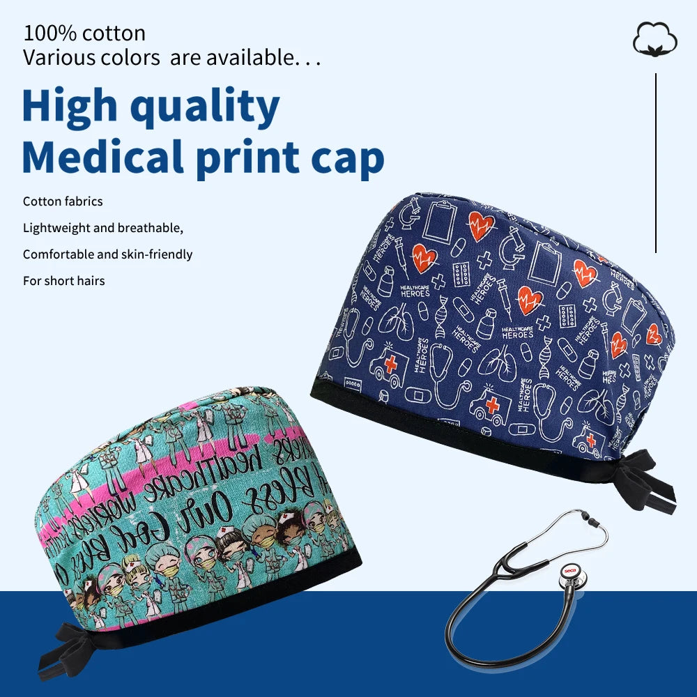 Cute Cartoon Printed Scrub Cap — Breathable Women's Work Hat
