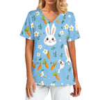 Women's Easter Bunny V‑Neck Scrub Top — Short Sleeve