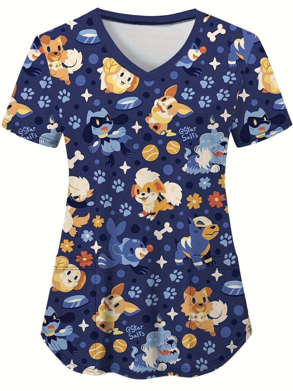 Women's V-Neck Cat & Dog Print Scrub Top — Short Sleeve
