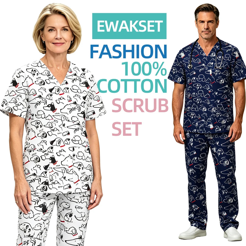 Dogs Print Pure-Cotton Scrub Set — Soft Animal-Pattern Nursing Uniform