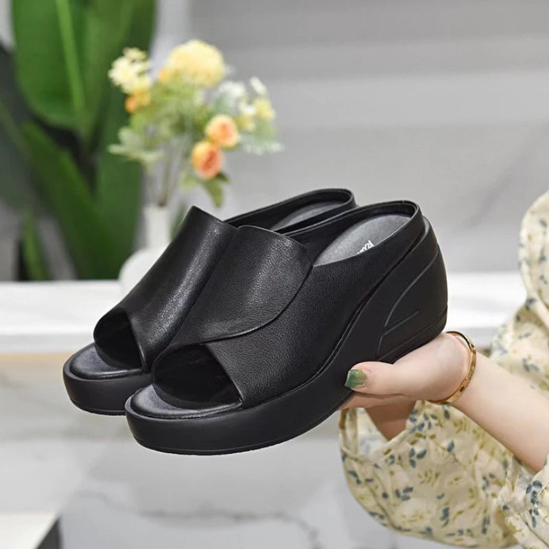 Women's Black Wedge Platform Sandals — Open-Toe Slides