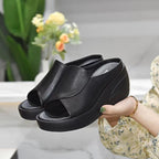 Women's Black Wedge Platform Sandals — Open-Toe Slides