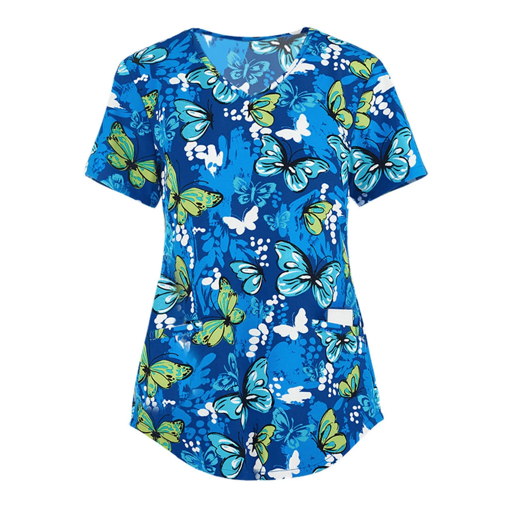 Women's V‑Neck Butterfly Print Scrub Top