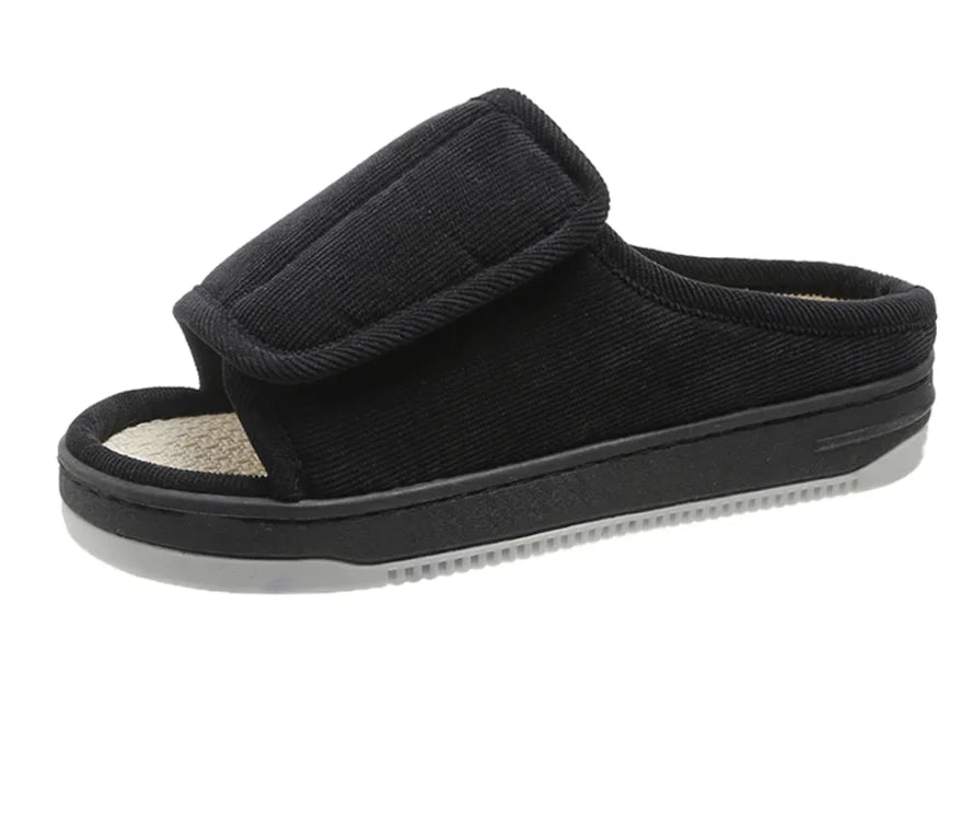 Adjustable Open-Toe Corduroy Diabetic Slippers — Sizes 36–49