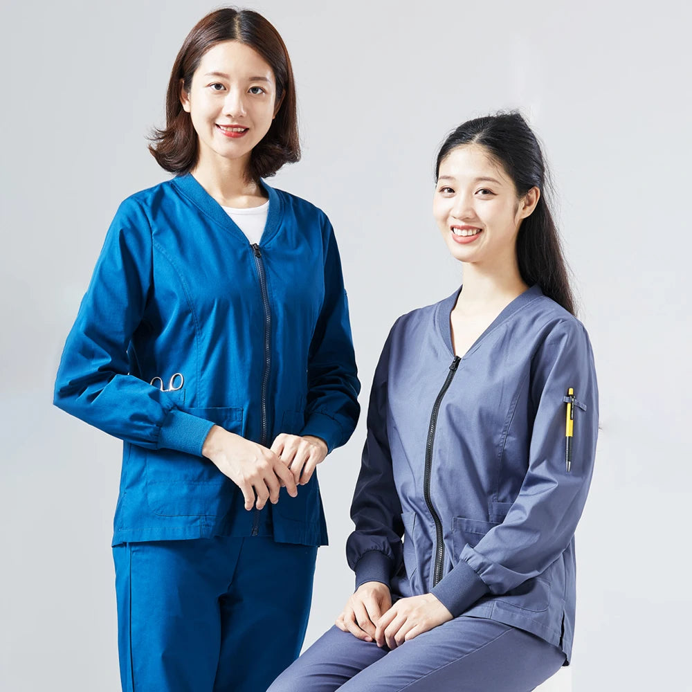 Zip-Front Warm-Up Scrub Jacket — Knitted Long Sleeve