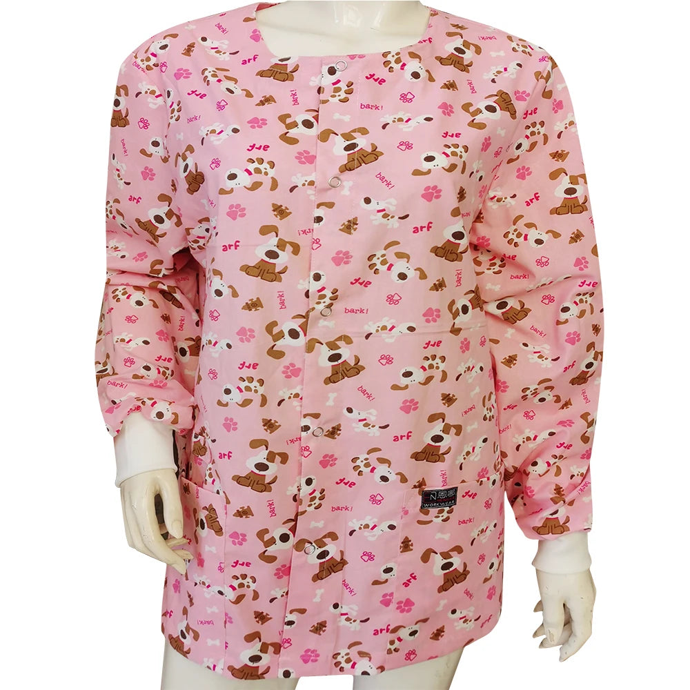 Long-Length Cotton Medical Jacket — Floral Print, XS–4XL