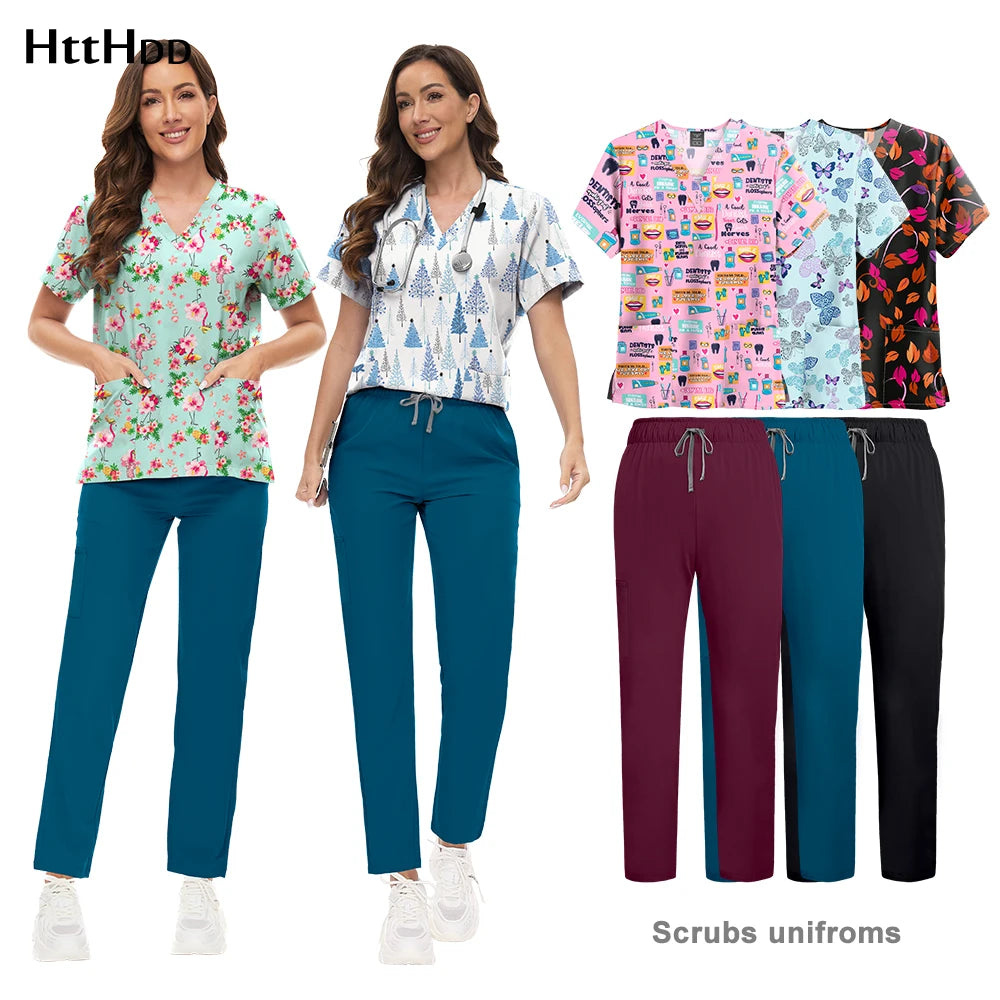 Cartoon-Print Women's Scrub Set — Breathable Twill, Straight Pants