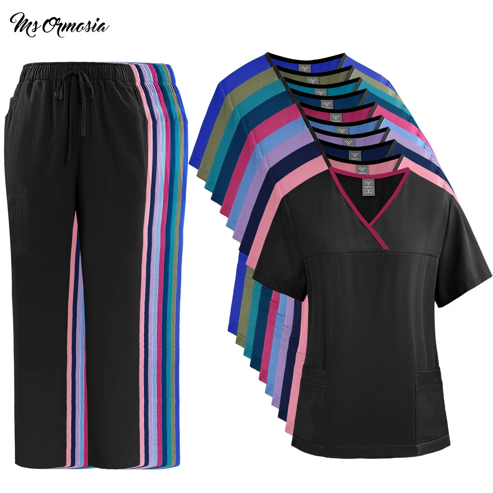 Medical Uniform Women Summer Scrubs Set Hospital Nurse Work Top Pants Dentistry Sanitary Clothing Surgical Uniforms With Pocket