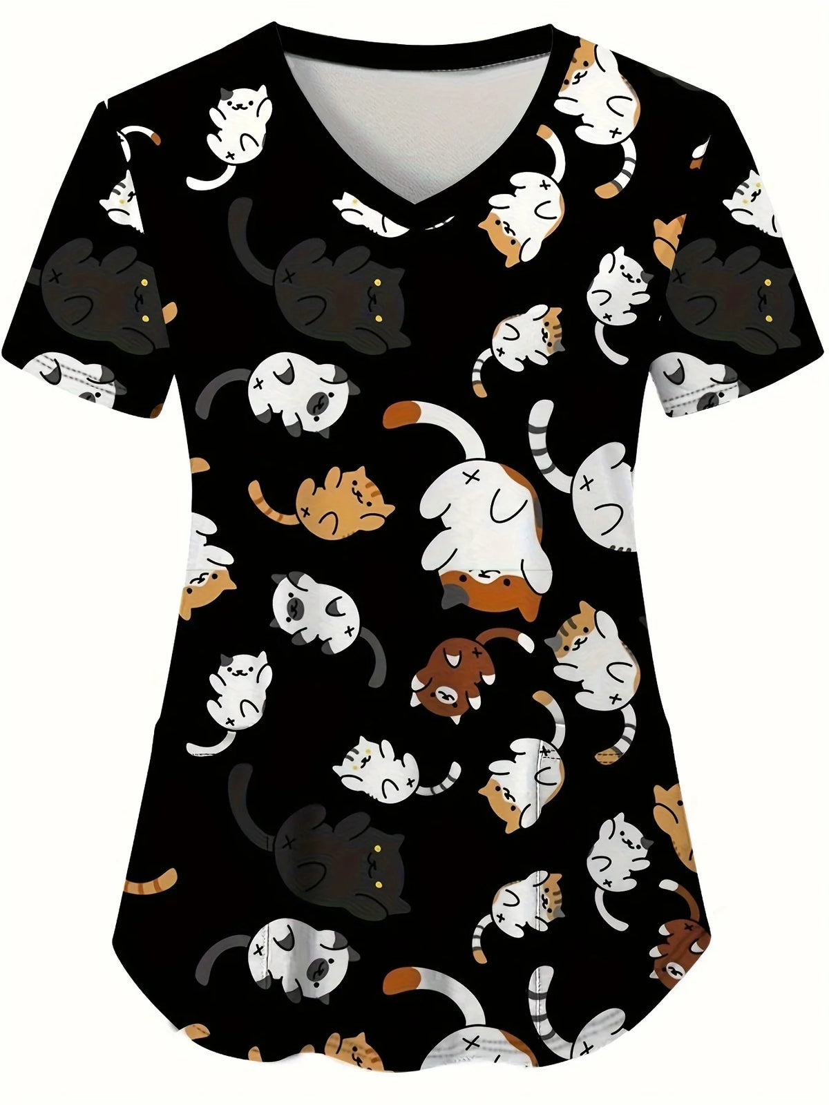 Women's V-Neck Cat & Dog Print Scrub Top — Short Sleeve