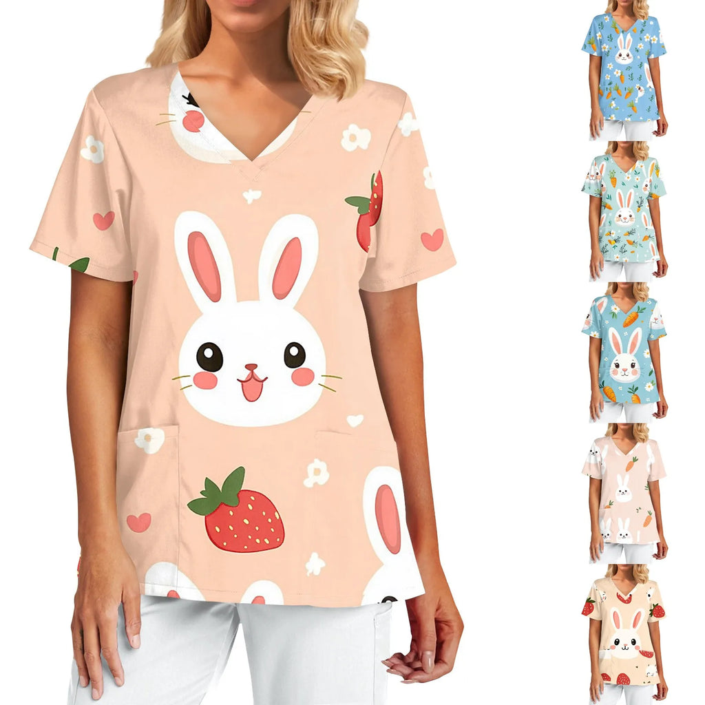 Women's Easter Bunny V‑Neck Scrub Top — Short Sleeve